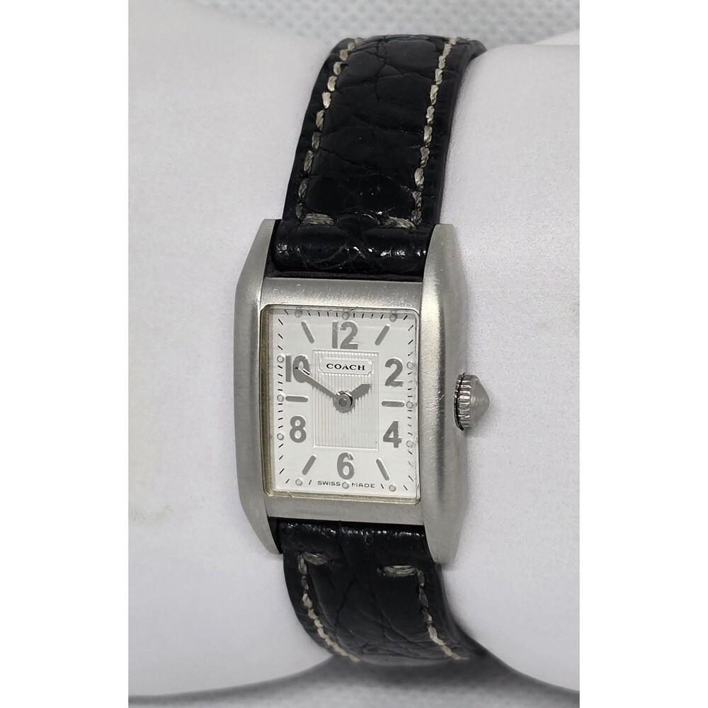 Women's Coach Swiss Made Petite Tank Silver Tone Black Leather Strap Watch 12 - Picture 2 of 9
